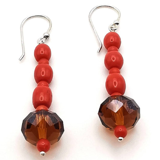 Orecchini pendenti di corallo rosso e ambra modello barilotti in argento 925
