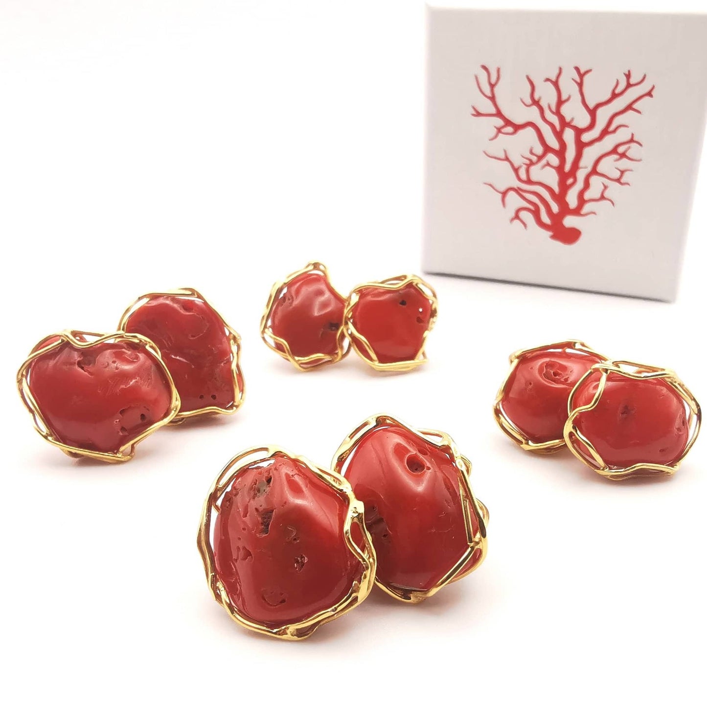 Orecchini caboscon barocchi di Corallo rosso sardegna naturale in argento 925 placcati in oro