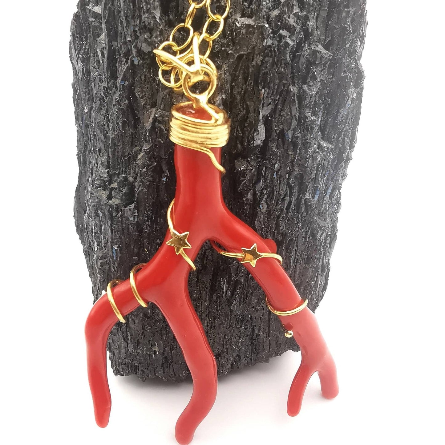 catenina con Ciondolo ramo di Corallo rosso naturale in argento 925 placcato oro