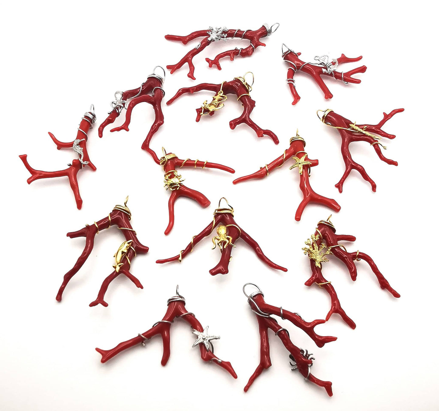Ciondoli rametti di Corallo rosso del mediterraneo con catenine in argento 925