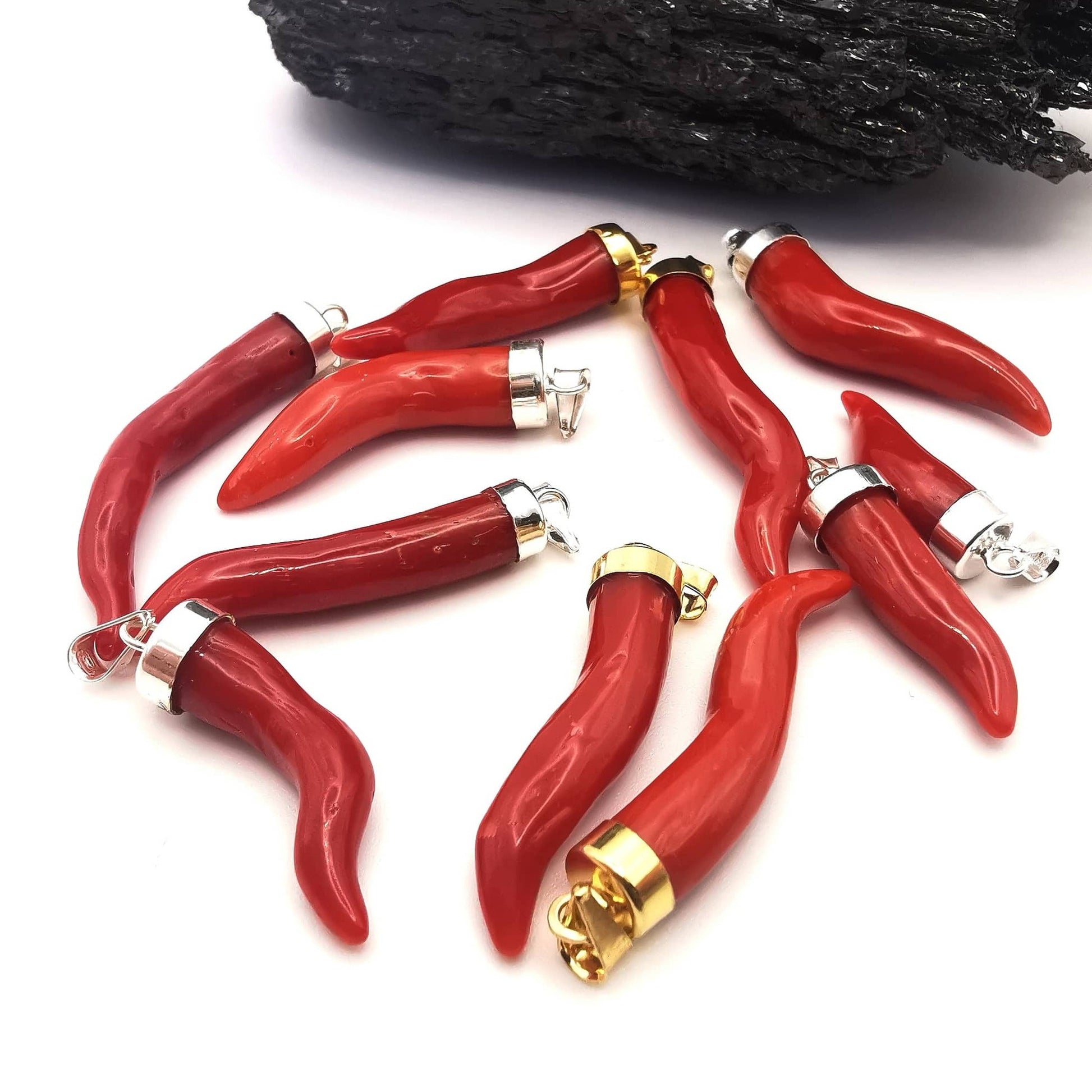corni di Corallo rosso naturale portafortuna amuleti con gancio in argento 925