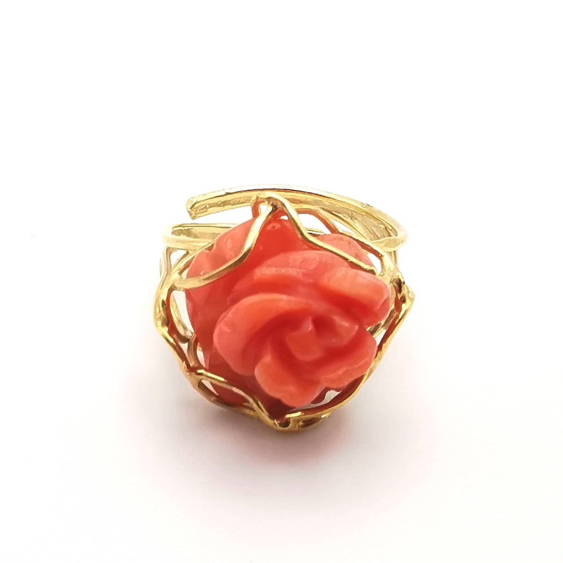 Anelli con rose incise a mano di vero corallo rosso naturale in argento 925 placcato oro